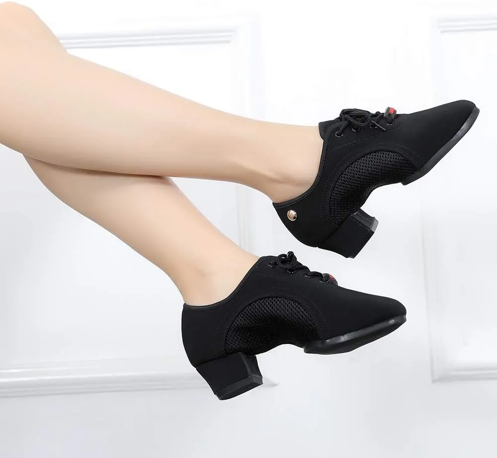 Women's Lace up Latin Dance Practice Shoes Block Heel Canvas Salsa Tango Ballroom Dance Shoes