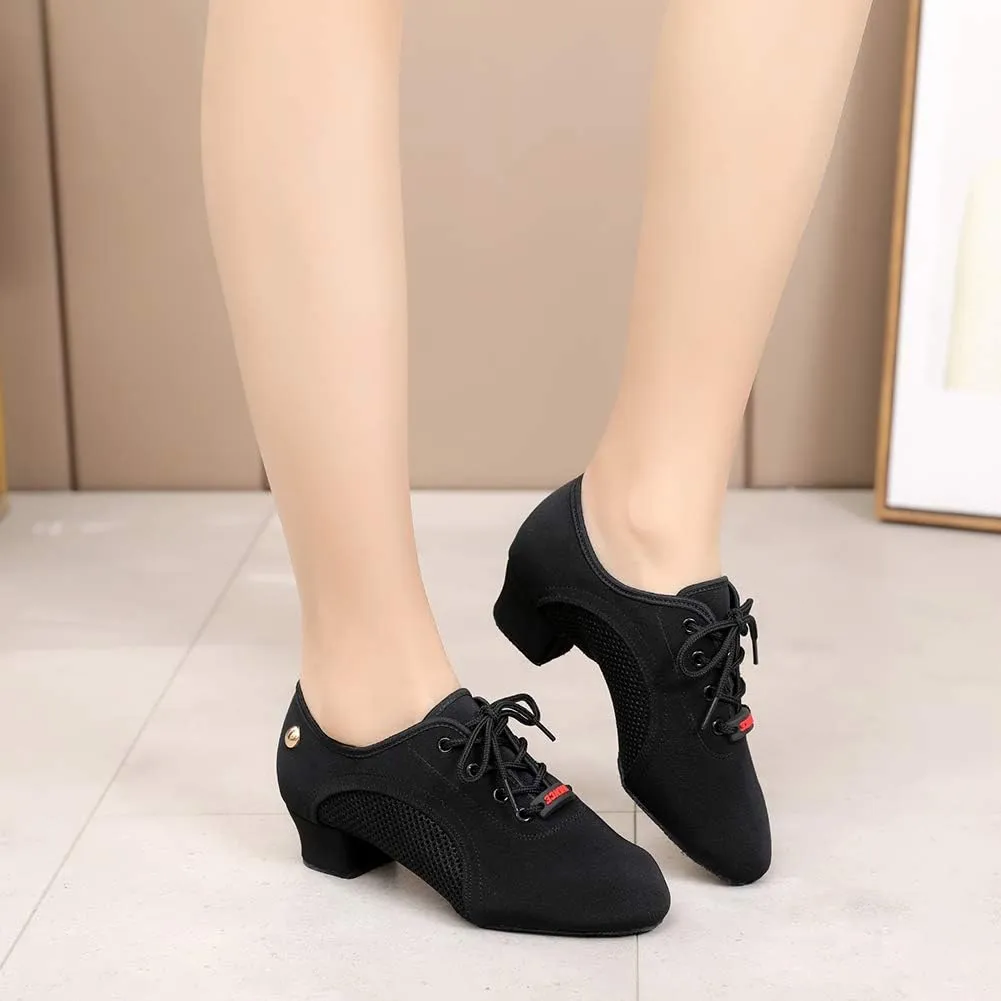 Women's Lace up Latin Dance Practice Shoes Block Heel Canvas Salsa Tango Ballroom Dance Shoes