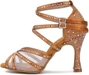 Women's Mesh Latin Dance Shoes - Ballroom Silk Satin Soft Bottom Sandals, 5CM/2Inch Heel Height