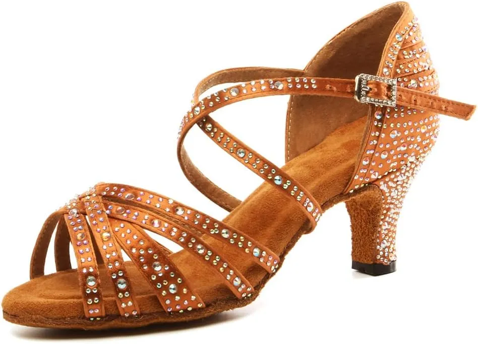 Womens Rhinestone Latin Dance Shoes Satin Open Toe Ballroom Salsa Tango Waltz Dancing Shoes,Model L377