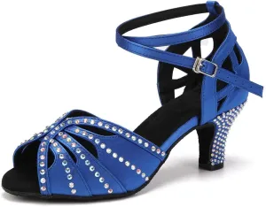 Womens Satin Latin Dance Shoes Rhinestone Open Toe Ballroom Salsa Chacha Performance Dance Shoes,Model L162
