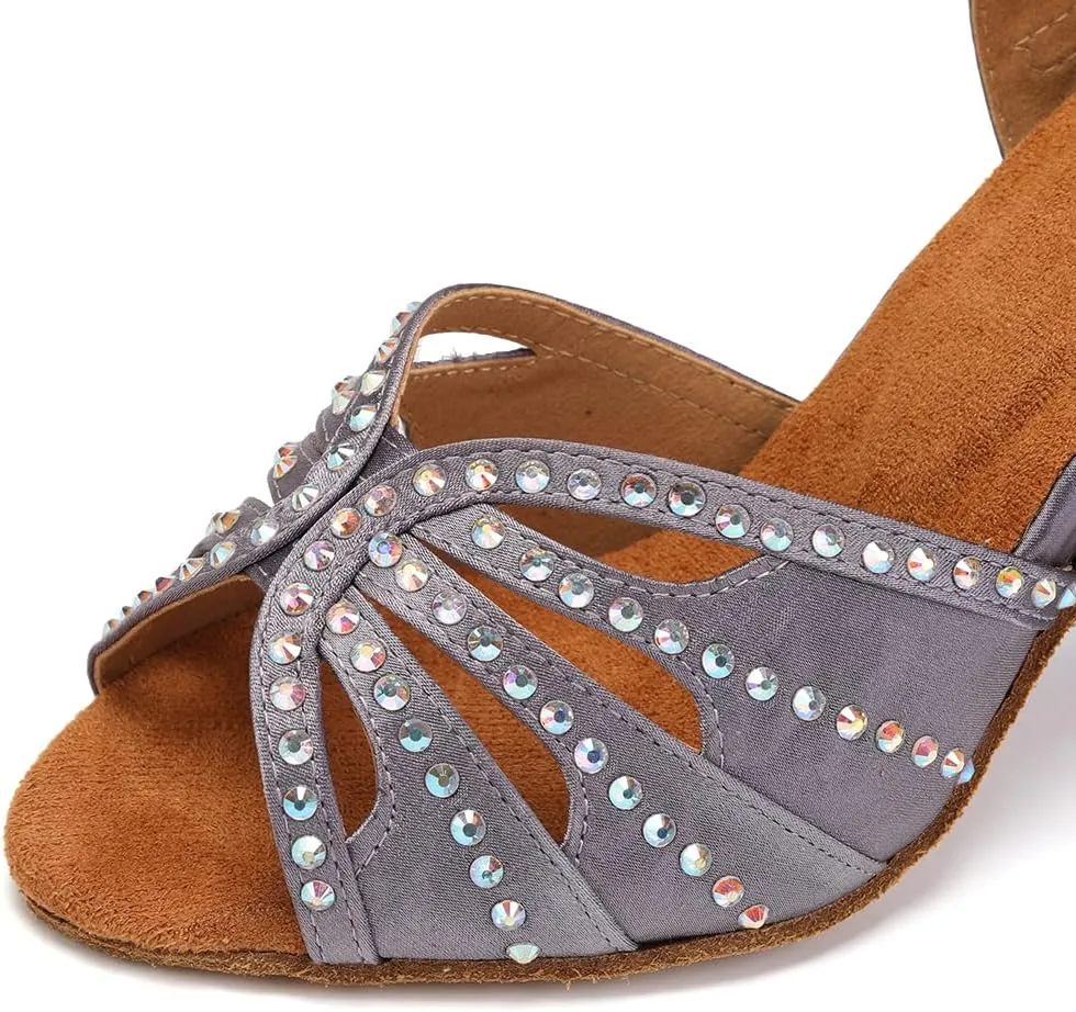 Womens Satin Latin Dance Shoes Rhinestone Open Toe Ballroom Salsa Chacha Performance Dance Shoes,Model L162