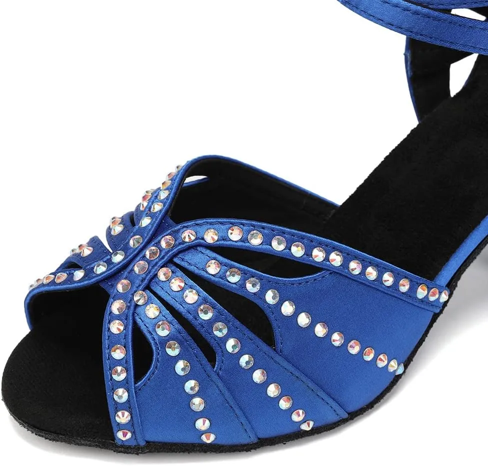 Womens Satin Latin Dance Shoes Rhinestone Open Toe Ballroom Salsa Chacha Performance Dance Shoes,Model L162