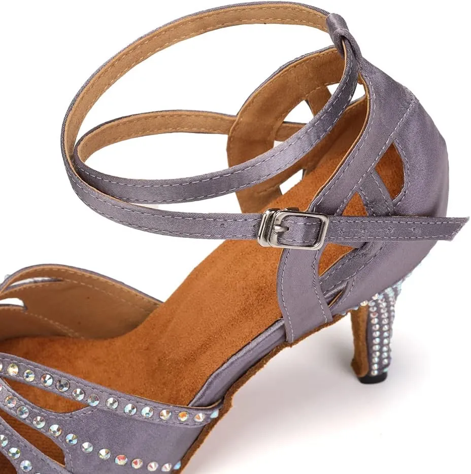 Womens Satin Latin Dance Shoes Rhinestone Open Toe Ballroom Salsa Chacha Performance Dance Shoes,Model L162