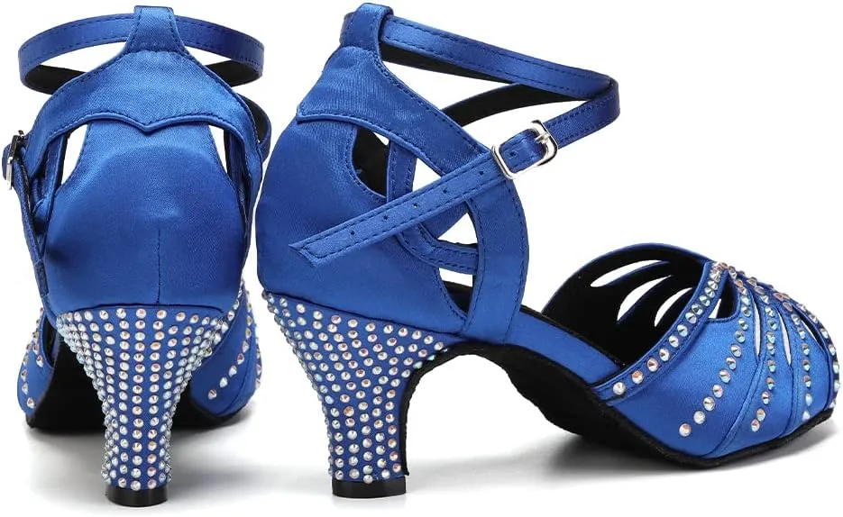 Womens Satin Latin Dance Shoes Rhinestone Open Toe Ballroom Salsa Chacha Performance Dance Shoes,Model L162
