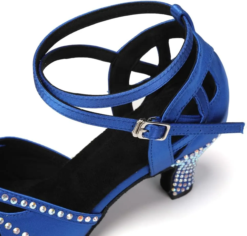 Womens Satin Latin Dance Shoes Rhinestone Open Toe Ballroom Salsa Chacha Performance Dance Shoes,Model L162