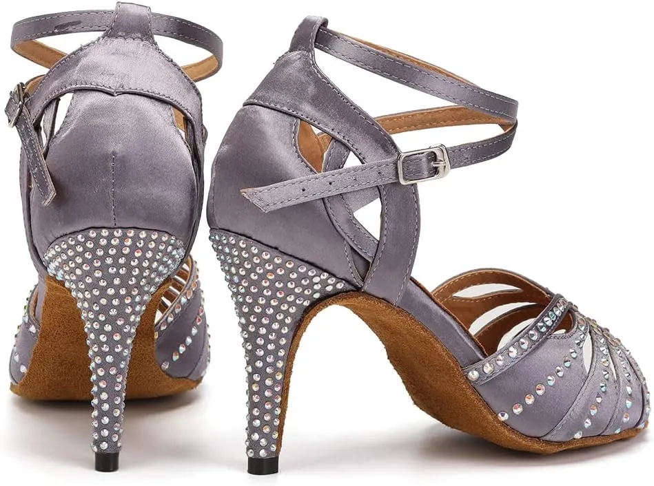 Womens Satin Latin Dance Shoes Rhinestone Open Toe Ballroom Salsa Chacha Performance Dance Shoes,Model L162