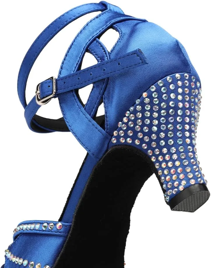 Womens Satin Latin Dance Shoes Rhinestone Open Toe Ballroom Salsa Chacha Performance Dance Shoes,Model L162