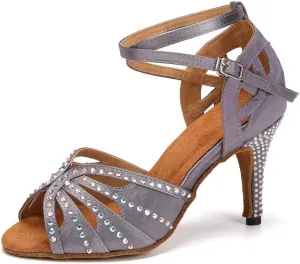 Womens Satin Latin Dance Shoes Rhinestone Open Toe Ballroom Salsa Chacha Performance Dance Shoes,Model L162