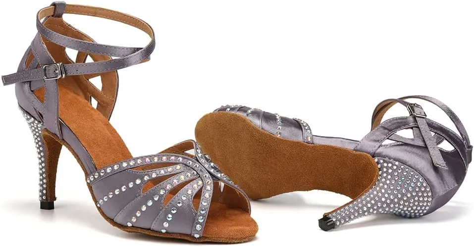 Womens Satin Latin Dance Shoes Rhinestone Open Toe Ballroom Salsa Chacha Performance Dance Shoes,Model L162