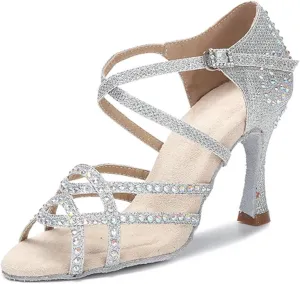 Women's Satin Latin Dance Shoes - Shining Rhinestone Soft Bottom Ballroom Sandals, 5CM/2Inch Heel Height