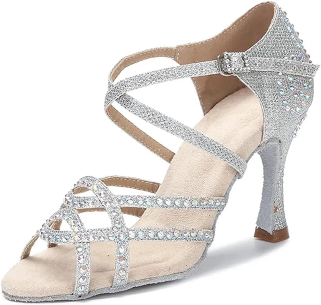 Women's Satin Latin Dance Shoes - Shining Rhinestone Soft Bottom Ballroom Sandals, 5CM/2Inch Heel Height