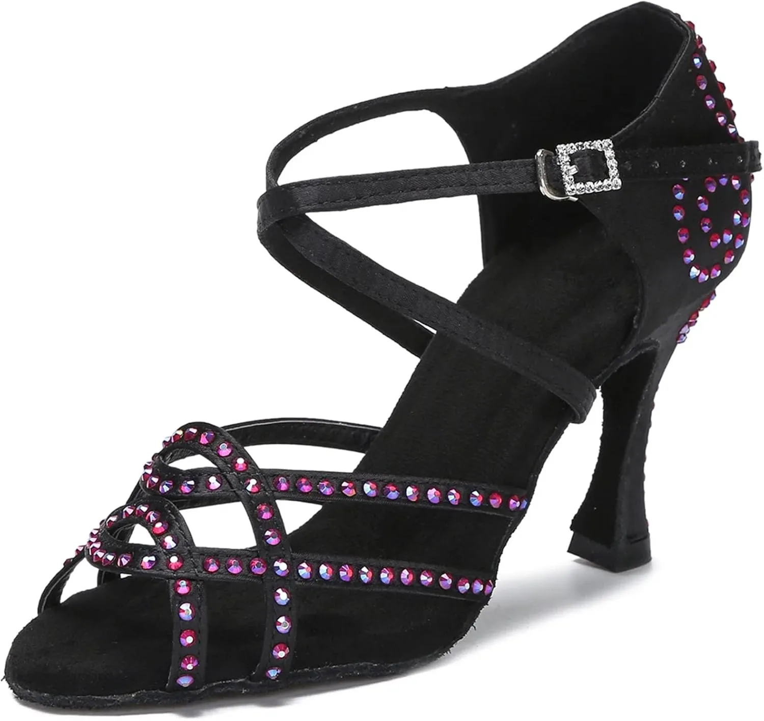 Women's Satin Latin Dance Shoes - Shining Rhinestone Soft Bottom Ballroom Sandals, 5CM/2Inch Heel Height