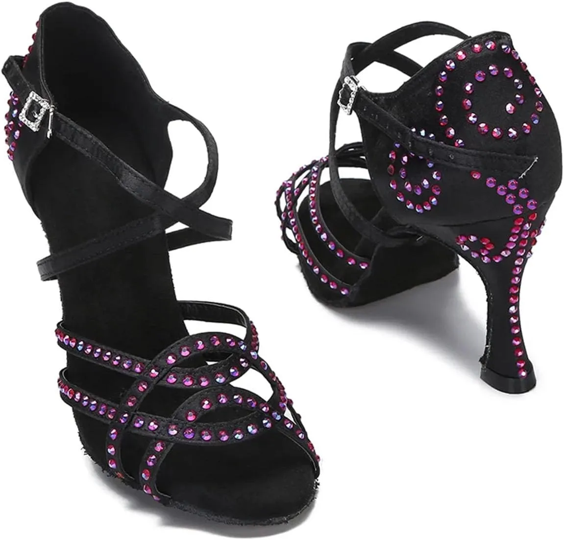 Women's Satin Latin Dance Shoes - Shining Rhinestone Soft Bottom Ballroom Sandals, 5CM/2Inch Heel Height