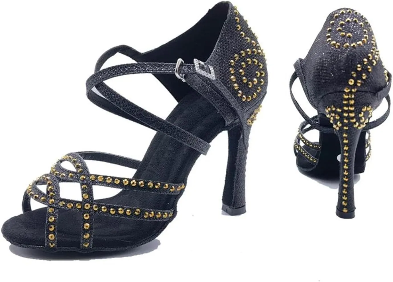 Women's Satin Latin Dance Shoes - Shining Rhinestone Soft Bottom Ballroom Sandals, 5CM/2Inch Heel Height