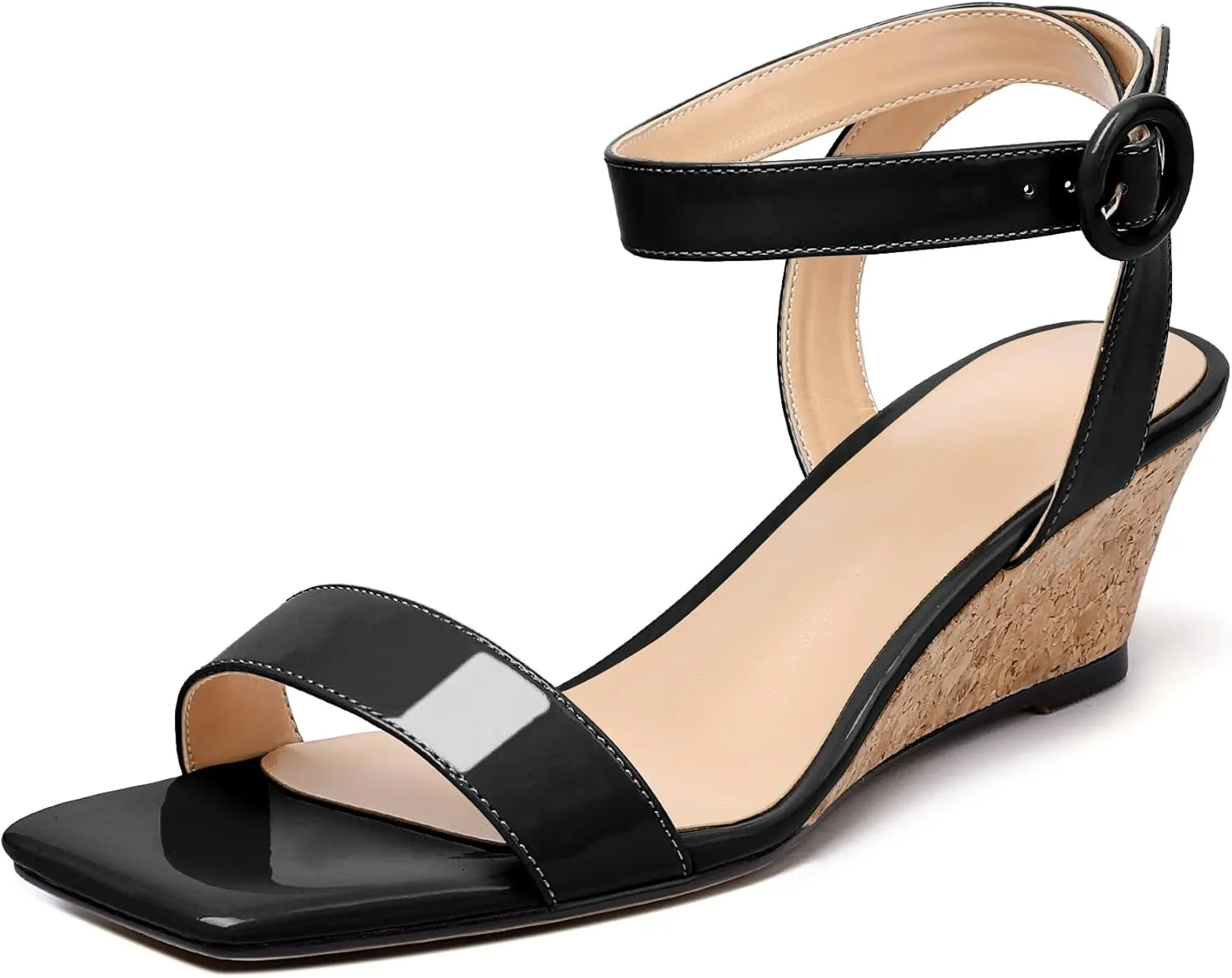 YODEKS Womens Wedge Sandals 2 Inch Low Cork Heel Pumps Square Open Toe Shoes with Ankle Strap for Party Workplace Casual Dress
