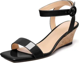 YODEKS Womens Wedge Sandals 2 Inch Low Cork Heel Pumps Square Open Toe Shoes with Ankle Strap for Party Workplace Casual Dress