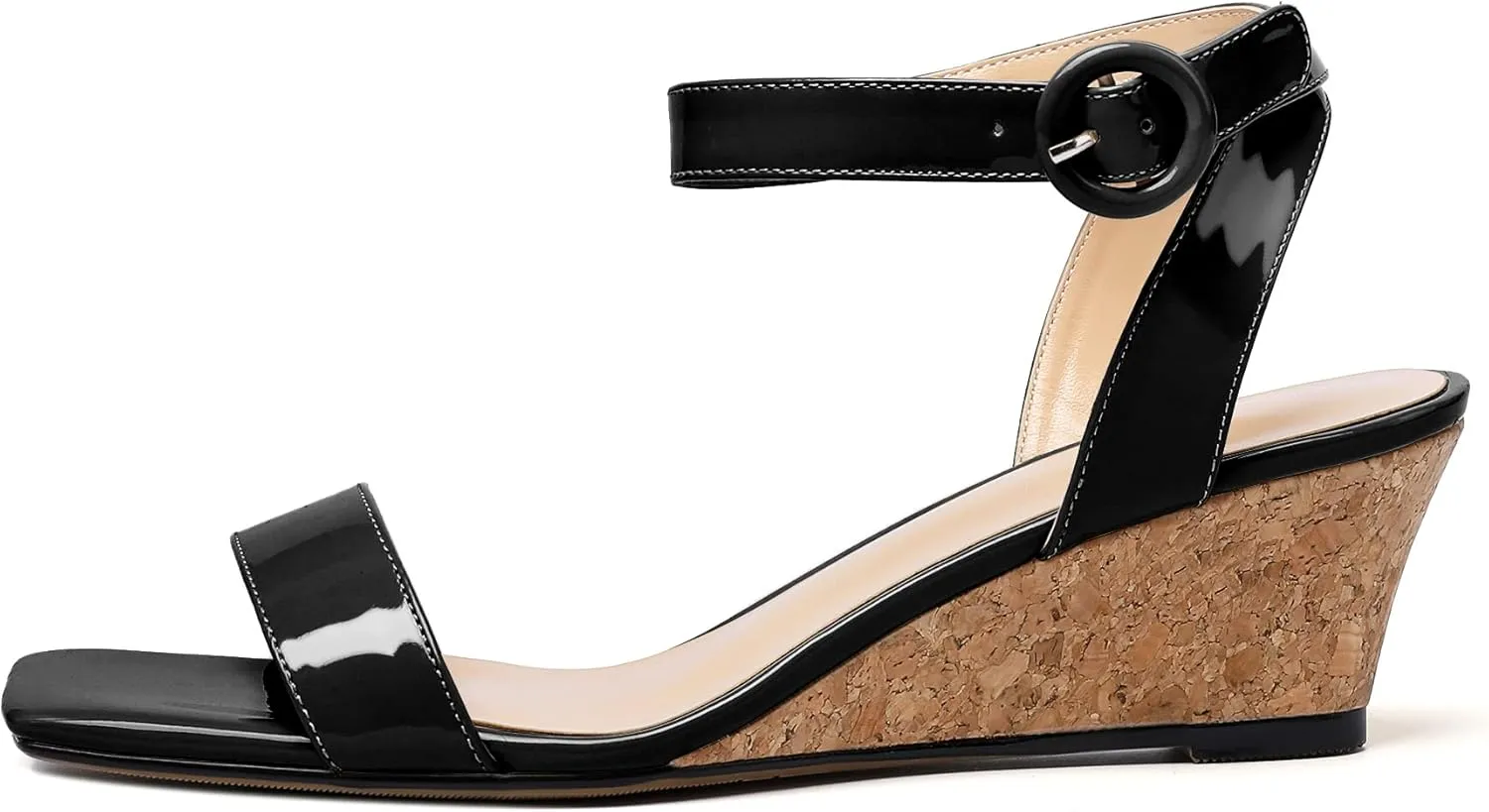 YODEKS Womens Wedge Sandals 2 Inch Low Cork Heel Pumps Square Open Toe Shoes with Ankle Strap for Party Workplace Casual Dress