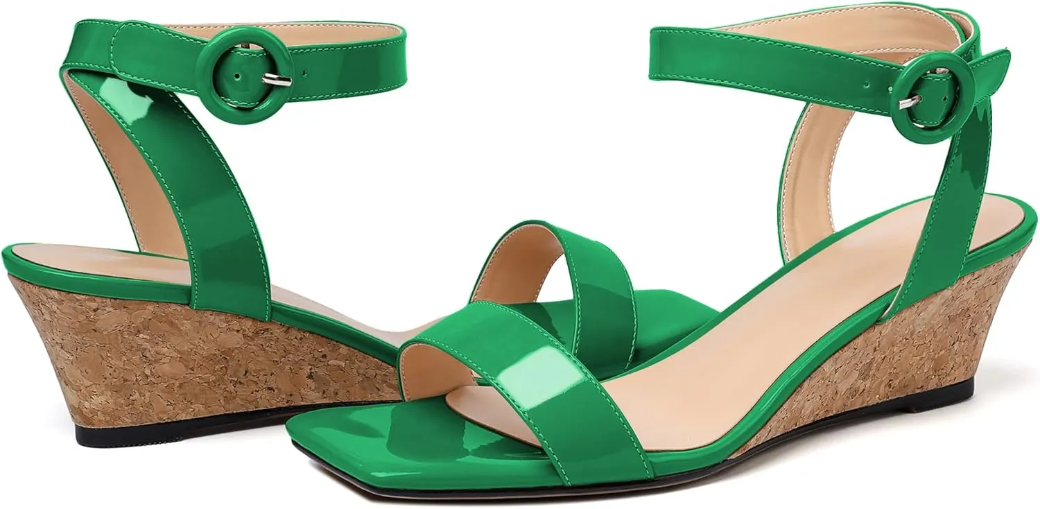 YODEKS Womens Wedge Sandals 2 Inch Low Cork Heel Pumps Square Open Toe Shoes with Ankle Strap for Party Workplace Casual Dress