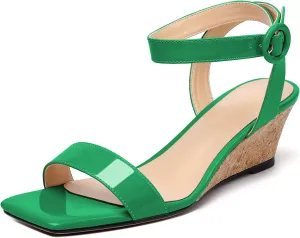 YODEKS Womens Wedge Sandals 2 Inch Low Cork Heel Pumps Square Open Toe Shoes with Ankle Strap for Party Workplace Casual Dress